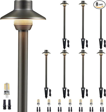 Gardenreet LED Pathway Lights Brass, 12V Landscape Path Lights Wired, Low Voltage Walkway Lights Outdoor Waterproof, Mini Shade Bronze for Backyard Garden with 3W 270LM 2700K G4 Bulb 8 Pack