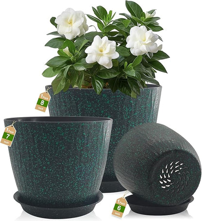 8/7/6 inch Plant Pots, 3 Pack Flower Pots for Outdoor Indoor Garden Plants, Large Planters with Multi Mesh Drainage Holes and Saucer (Black with Green Speckles, 8"+7"+6")