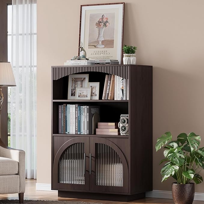 46" Bookshelf with Doors, Brown Bookcase with Glass Door, 3 Tier Small Bookshelf w/Deep Storage Cabinet and Adjustable Shelves, Wood Standing Mid Century Book Shelf for Home Office Kitchen