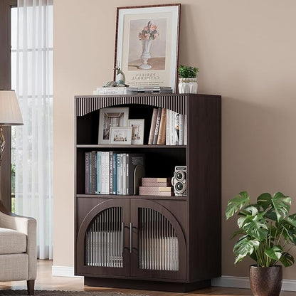 46" Bookshelf with Doors, Brown Bookcase with Glass Door, 3 Tier Small Bookshelf w/Deep Storage Cabinet and Adjustable Shelves, Wood Standing Mid Century Book Shelf for Home Office Kitchen