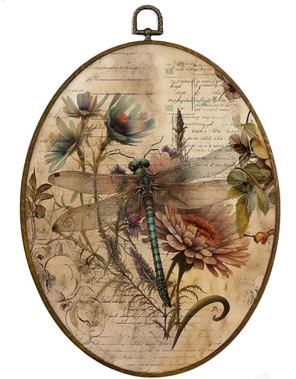 MAQIKA Vintage Dragonfly Oval Framed Wall Art Decor, Dragonfly Wall Decor, Dragon Fly Botanical Oval Wall Hanging Decor, Retro Dragonflies Canvas Prints Wall Art for Bedroom Living Room, 8.7x11.3 Inch
