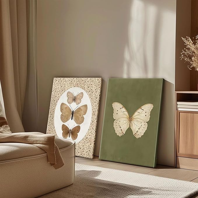 Kdyudo 2 pcs Vintage Butterfly Canvas Framed Wall Art Insect Farmhouse Art Poster Retro Atmosphere Cottage Sail Painting Pictures Country Style Suitable for Kitchen Living Room Wall Decor 12x16 inch