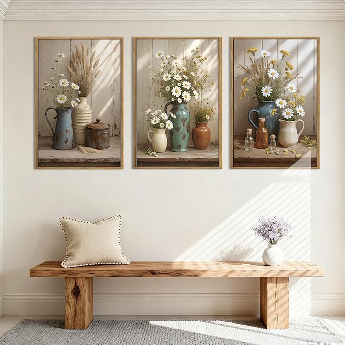 ANHUIB Vintage Floral Wall Art Rustic Farmhouse Flower Wall Decor Daisy Botanical Painting 16x24 Inch Set of 3 for Living Room Bedroom