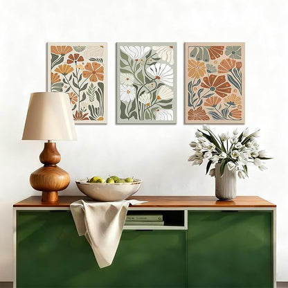 Kdyudo 3 pcs Framed Bohemian Wildflower wall art, Abstract Floral Canvas Print Green and Beige Hand-Painted Botanical Poster Modern Minimalist Style Wall Decor for Bedroom and Living Room 12x16 Inch