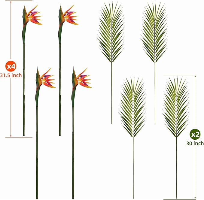 8 PCS Bird of Paradise Artificial Plant Combo Palm Leaves,4 Faux Bird of Paradise Plant with 4 Artificial Palm Leaves for Wedding Garden Office Home Indoor and Outdoor Decor(Orange)