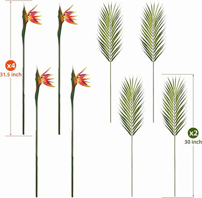 8 PCS Bird of Paradise Artificial Plant Combo Palm Leaves,4 Faux Bird of Paradise Plant with 4 Artificial Palm Leaves for Wedding Garden Office Home Indoor and Outdoor Decor(Orange)