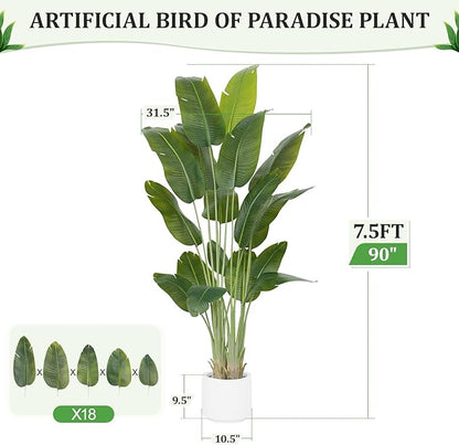 Artificial Bird of Paradise Plant 7.5Ft Tall Fake Tropical Palm Tree Large Fake Plants with 18 Silk Banana Leaves Faux Plant Indoor Decor Trees White Pot for Home Bedroom Living Room Office 2pcs