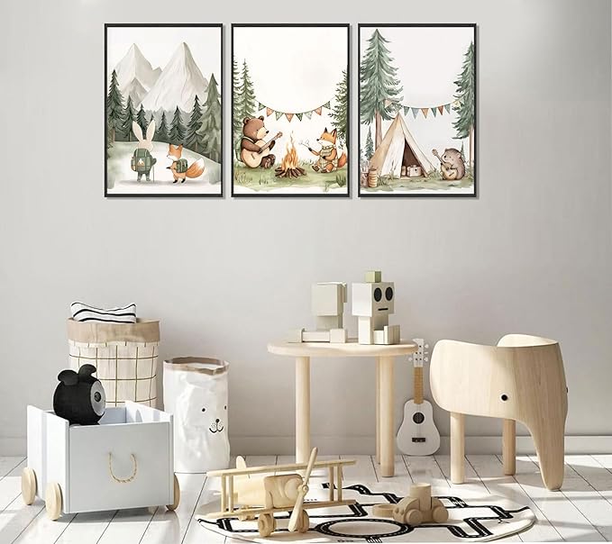 3Pcs Woodland Animal Nursery Wall Art Fox Bear Rabbit Hedgehog Paintings Pictures Safari Wall Decor Poster Prints Forest Animals Camping Campfire Artwork for Boys Kids Girl Room Decoration 16x24
