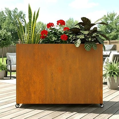 36" L x 9.3" W x 28.4" H Corten Steel Planter Box with Wheels & Removable Shelf – Rolling Raised Garden Bed with Rust Patina, Smart Drainage System, Outdoor Planter for Patio & Modern Décor
