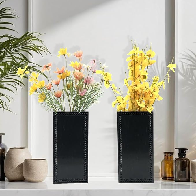 Wood Wall Planter Set of 2, Farmhouse Wall Hanging Decor Pocket Planter for Greenery and Dried Flowers, Rustic Indoor Wood Hanging Vase (Black)
