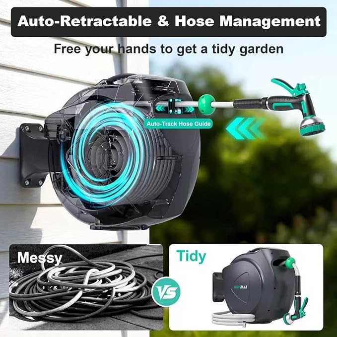 Retractable Garden Hose Reel - 5/8 in x 100 ft Automatic Wall Mount Heavy Duty Automatic Water Hose Reel with 9 Patterns Nozzle, Kink-Resistant Hose, 180° Swivel, Auto-Lock for Outdoor Watering