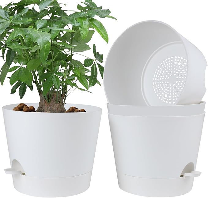 12 Inches Indoor Self Watering Planters with Drainage Holes and Saucers, 4 Pack (White)