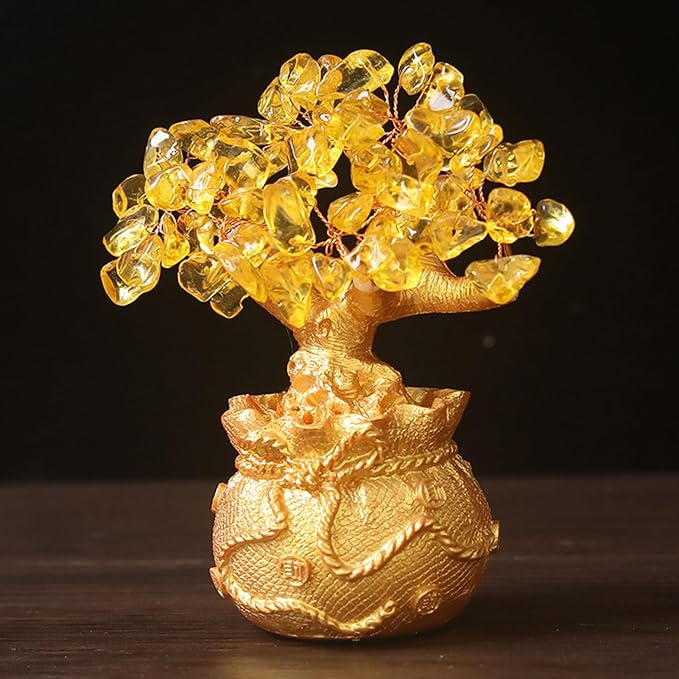 Golden Money Tree Ornament Bring Good Luck Fortune Lucky Bag Tree Resin Figurine Statue Sculpture Home Office Desktop Fengshui Decoration (Golden)