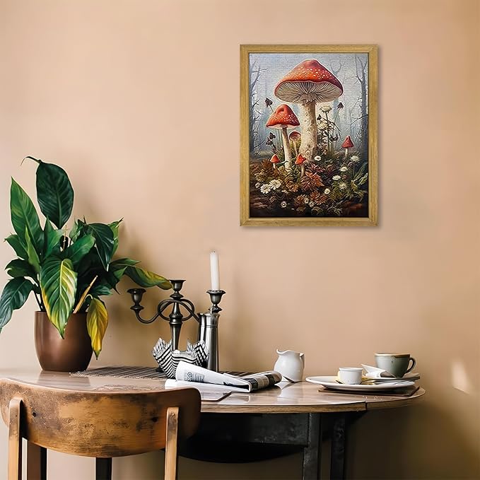 Framed 3D Textured Wall Art, Gothic Dark Mushroom Wall Decor, Vintage Hand Drawn Sandstone Nature Botanical Pictures for Living Room Bathroom Bedroom Dining Room 16x24 inch