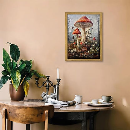 Framed 3D Textured Wall Art, Gothic Dark Mushroom Wall Decor, Vintage Hand Drawn Sandstone Nature Botanical Pictures for Living Room Bathroom Bedroom Dining Room 16x24 inch
