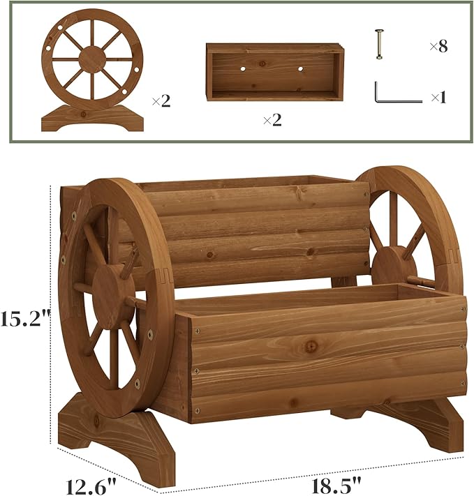 Garden Planter with Wheels, Wooden Wagon Box, Decorative Planter for Flowers Herbs Vegetables for Indoor & Outdoor Décor Flower Cart for Patio Garden Balcony (Brown)