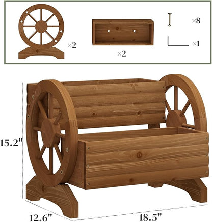 Garden Planter with Wheels, Wooden Wagon Box, Decorative Planter for Flowers Herbs Vegetables for Indoor & Outdoor Décor Flower Cart for Patio Garden Balcony (Brown)