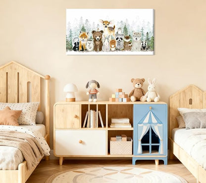 Woodland Animal Nursery Canvas Wall Art Watercolor Forest Baby Animal Painting Picture Nursery Wall Decor Fox Bear Deer Poster Print for Boys Room Girls Room Home Decoration 24 x 12 Frame