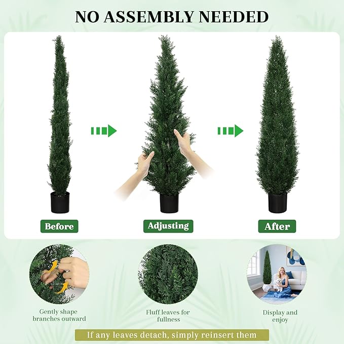 5FT Artificial Cedar Topiary Trees, 2 Pack UV Resistant Outdoor Indoor Faux Evergreen Shrubs, Potted Fake Cypress Plants for Front Porch Home Office Decor