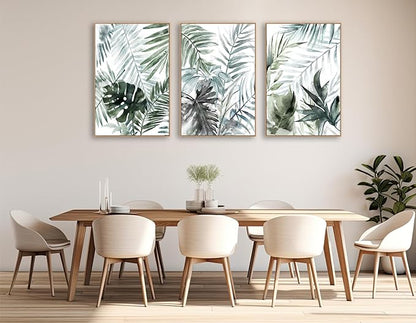 Large Framed Canvas Wall Art - Natural Float Framed Tropic Leaf Pictures Wall Art Prints for Living Room Decor Green Plants Artwork for Bedroom Kitchen Home Office Decoration 72" X 36" Set of 3