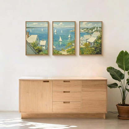 Large Coastal Sailboat Framed Canvas Wall Art Set,Summer Seascape Wall Decor,Nautical Blue Ocean Art Prints,Nature Beach Artwork for Living Room,Bedroom,Dining Room,Office-16 x24 x3