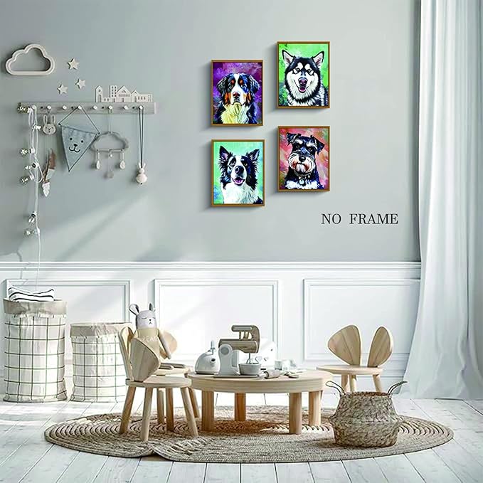 NIIORE Watercolor Dog Wall Art Canvas, Modern Pet Printing, Bernese Mountain Dog, Schnauzer, Border Collie, Husky Prints, Set of 4, 8x10 Inches Unframed