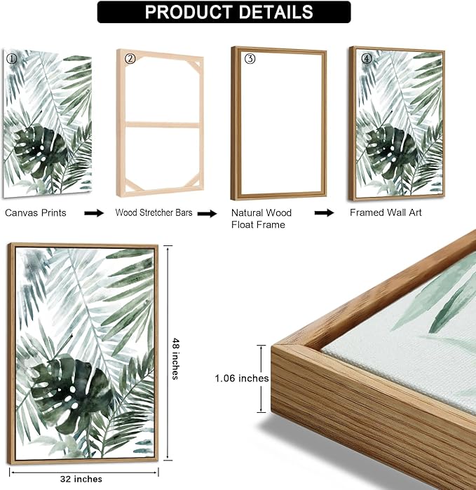 Large Framed Canvas Wall Art - Natural Float Framed Tropic Leaf Pictures Wall Art Prints for Living Room Decor Green Plants Artwork for Bedroom Kitchen Home Office Decoration 96" X 48" Set of 3