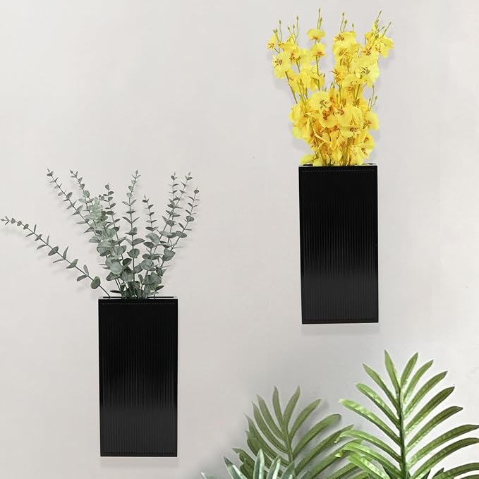 Wood Wall Planter Set of 2, Modern Wall Hanging Decor Pocket Planter for Greenery and Dried Flowers, Indoor Wood Hanging Vase (Black)