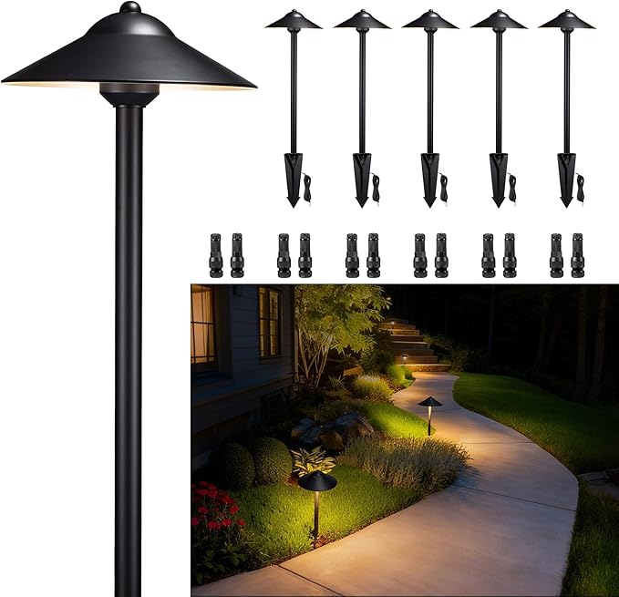 Gardenreet Landscape Path Lights Low Voltage (9" Shade) - Brass Outdoor Walkway Light LED 12V, Wired Pathway Area Lighting IP65 Waterproof, Black for Exterior Yard House Without G4 Bulb (6 Pack)
