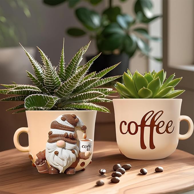 GUGUGO Coffee Cup Gnome Plant Pots, Cute Unique Flower Pots for Indoor Plants, Funky Small Planters with Drainage Holes, Eclectic Home Decor Aesthetic, Funny Gardening Planter for Couple Gift, Female