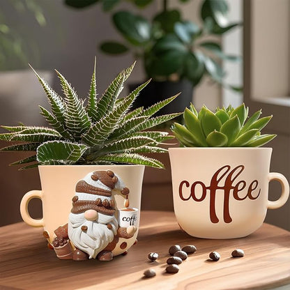 GUGUGO Coffee Cup Gnome Plant Pots, Cute Unique Flower Pots for Indoor Plants, Funky Small Planters with Drainage Holes, Eclectic Home Decor Aesthetic, Funny Gardening Planter for Couple Gift, Female