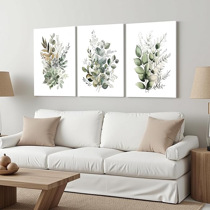 FYLDPSB 3 PCS Unframed Watercolor Floral Canvas Wall Art, Boho Sage Green Wildflower Wall Decor, Modern Flowers and plants Painting Print for Bedroom Living Room Bathroom Decorations 12''L x 16''W