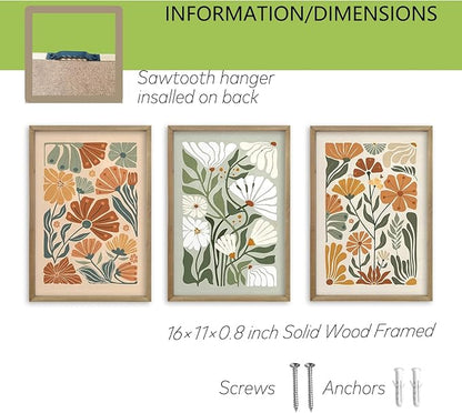 Wildflower Floral Green Botanical Wall Art Print 16"x11" Set of 3 flower Illustrations Minimalist Modern Boho Sign Wood Framed for Living Room Bedroom Office Abstract Wall Hang Decor (Wood)