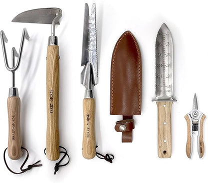 Ferry-Morse Premium All Hand Tools Set, 6Pcs Gardening Tools, Stainless Steel Heavy Duty Hand Cultivator, Hoes, Weeder, Snips, & Hori Hori with Ash Wood Handle, Garden Tool Bag 8 Pockets