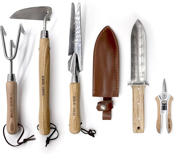 Ferry-Morse Premium All Hand Tools Set, 5Pcs Gardening Tools, Stainless Steel Heavy Duty Hand Cultivator, Hoes, Weeder, Snips, and Hori Hori with Ash Wood Handle, Gardening Gifts