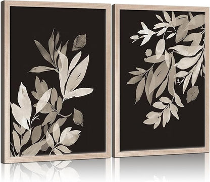 Framed Vintage Canvas Wall Art Botanical Leaves Poster Picture Countryside Painting Nature Landscape Modern Home Print Living Room Gallery Office Ready to Hang 16x24 inches x2