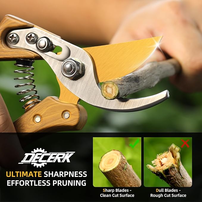 DECERK 8.5" Professional Bypass Pruning Shears – Heavy Duty Garden Scissors & Clippers for Wood & Tree Trimming, Ultra Sharp SK5 Blade, Ergonomic Handle, Perfect Gardening Gift, 2025 Wood-Like Finish