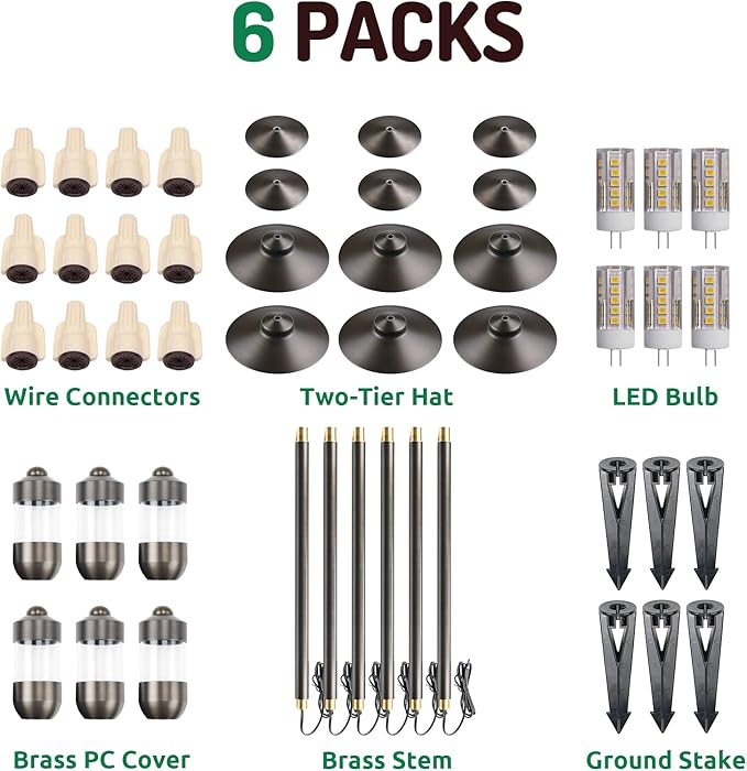 DOSHINE® Solid Brass Low Voltage Landscape Lighting Pathway Lights (8.25" Shade, 22" Tall) with Replaceable 3W G4 LED Bulb 3000K AC/DC 12V and Ground Stake for Outdoor Walkway Driveway (DOU, 6-Pack)