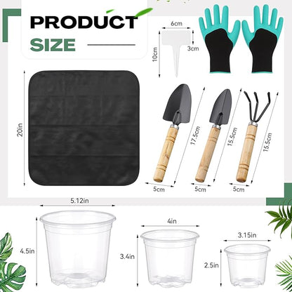 83 Pcs Garden Supplies Tools Kit, 3/4/5 Inch Clear Plastic Plant Pots with Transplanting Mat, Trowel Cultivator Rake Set, Label & Glove, Succulent Tools Gift for Plant Lovers Accessory