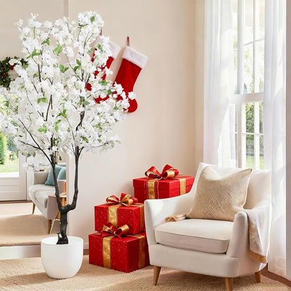Faux Cherry Blossom Tree Artificial White Flowering Trees Fake Cherry Blossom Decorative Tree 6FT Indoor for Christmas New Year Home Decor