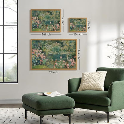 CAZLOUC Vintage Floral Wall Art, Rose Garden Pond Still Life Wall Decor, Retro Romantic Flower Poster Print, Impressionist Botanical Landscape Painting for Bedroom Office Wood Framed 8x10 Inch