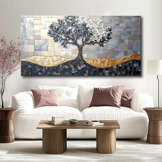 Tree Canvas Wall Art Abstract Tree of Life Canvas Artwork - Large Modern Nature Painting, Framed Prints for Living Room, Bedroom, Bathroom & Office Décor, Ready to Hang 32L x 16W