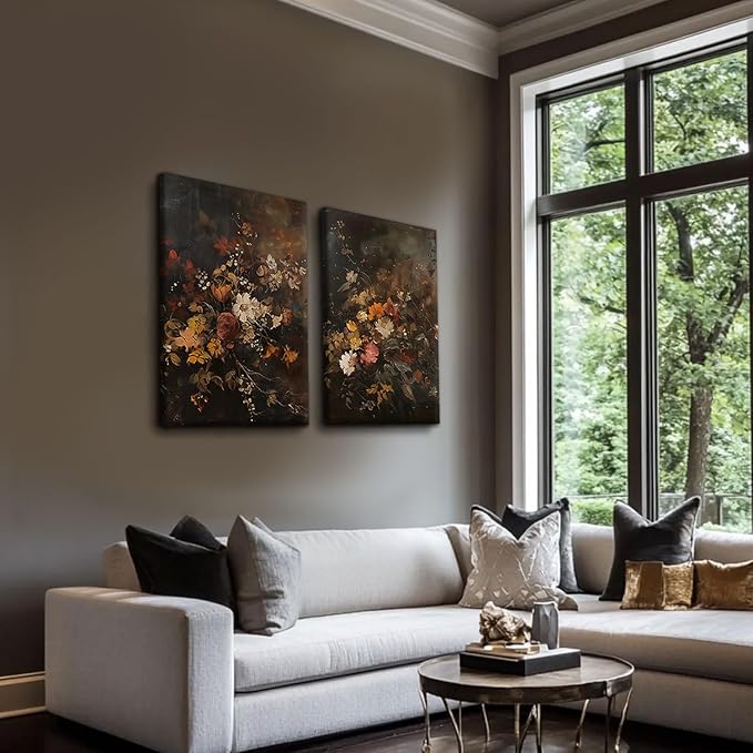 2pcs Vintage Dark Floral Canvas Wall Art Moody Autumn Floral Wall Decor Pictures Country Flowers Posters Prints Still Life Paintings for Farmhouse Living Room Bedroom Dining Room Decor 16x24 Inch
