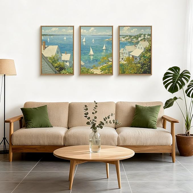 Large Coastal Sailboat Framed Canvas Wall Art Set,Summer Seascape Wall Decor,Nautical Blue Ocean Art Prints,Nature Beach Artwork for Living Room,Bedroom,Dining Room,Office-16 x24 x3