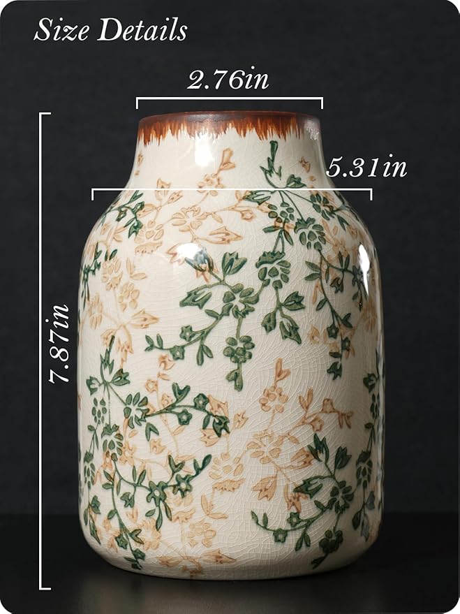 Vintage Ceramic Vase - 7.8 Inch Hand-Painted Flowers with Ice Crackle Glaze Finish, American Farmhouse Style Pitcher Vase for Home Decor, Centerpiece, Shelf, Table, Office