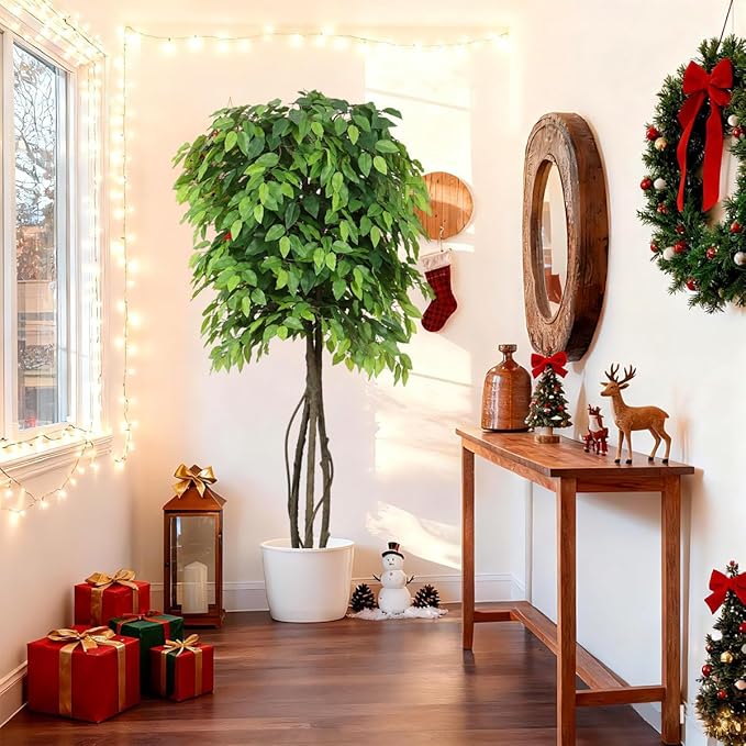 5ft Artificial Ficus Trees for Home Indoor Decor,Faux Banyan Plant with Nearly Natural Leaves Curved Trunks Fake Green Lifelike Tree for Living Room Office Garden Christmas New Year Decor