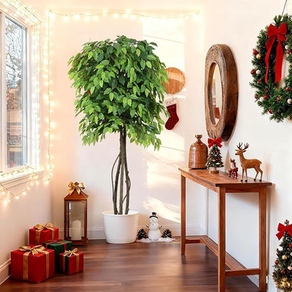 5ft Artificial Ficus Trees for Home Indoor Decor,Faux Banyan Plant with Nearly Natural Leaves Curved Trunks Fake Green Lifelike Tree for Living Room Office Garden Christmas New Year Decor
