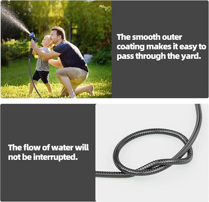 SPECILITE 100ft 304 Stainless Steel Garden Hose Metal, Heavy Duty Water Pipe with Nozzles for Yard, Outdoor - Flexible, Never Kink & Tangle, Puncture Resistant (Black)