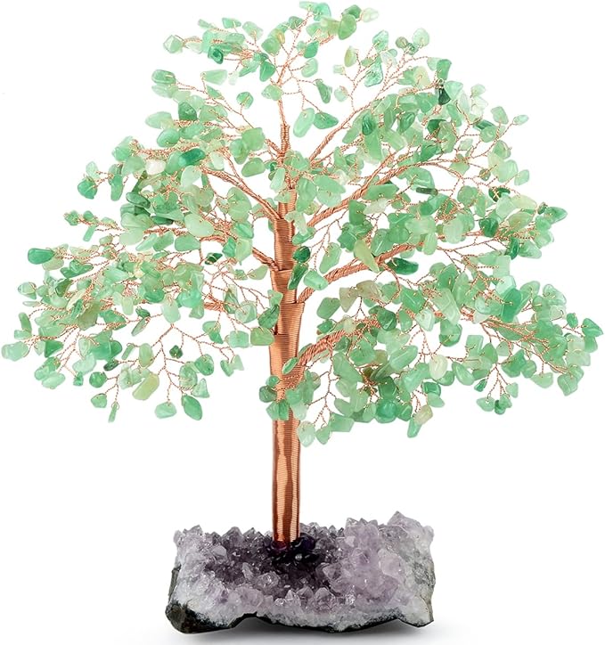 Gemstone Crystal Tree of Life, Natural Green Aventurine Jade, Chakra, Amethyst Geode Cluster, Positive Energy Healing Crystals, Feng Shui Decor Bonsai Money Tree, Size 10"-12