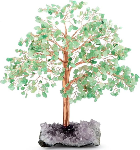 Gemstone Crystal Tree of Life, Natural Green Aventurine Jade, Chakra, Amethyst Geode Cluster, Positive Energy Healing Crystals, Feng Shui Decor Bonsai Money Tree, Size 10"-12